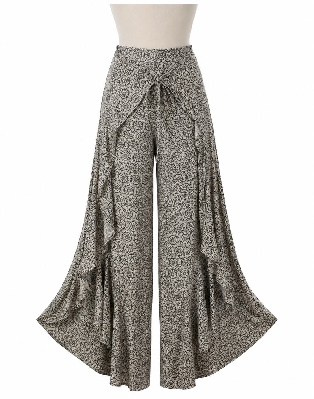 Boho Me Geometric Wide Leg Ruffle Slit Pants - Size XS - Boho Festival